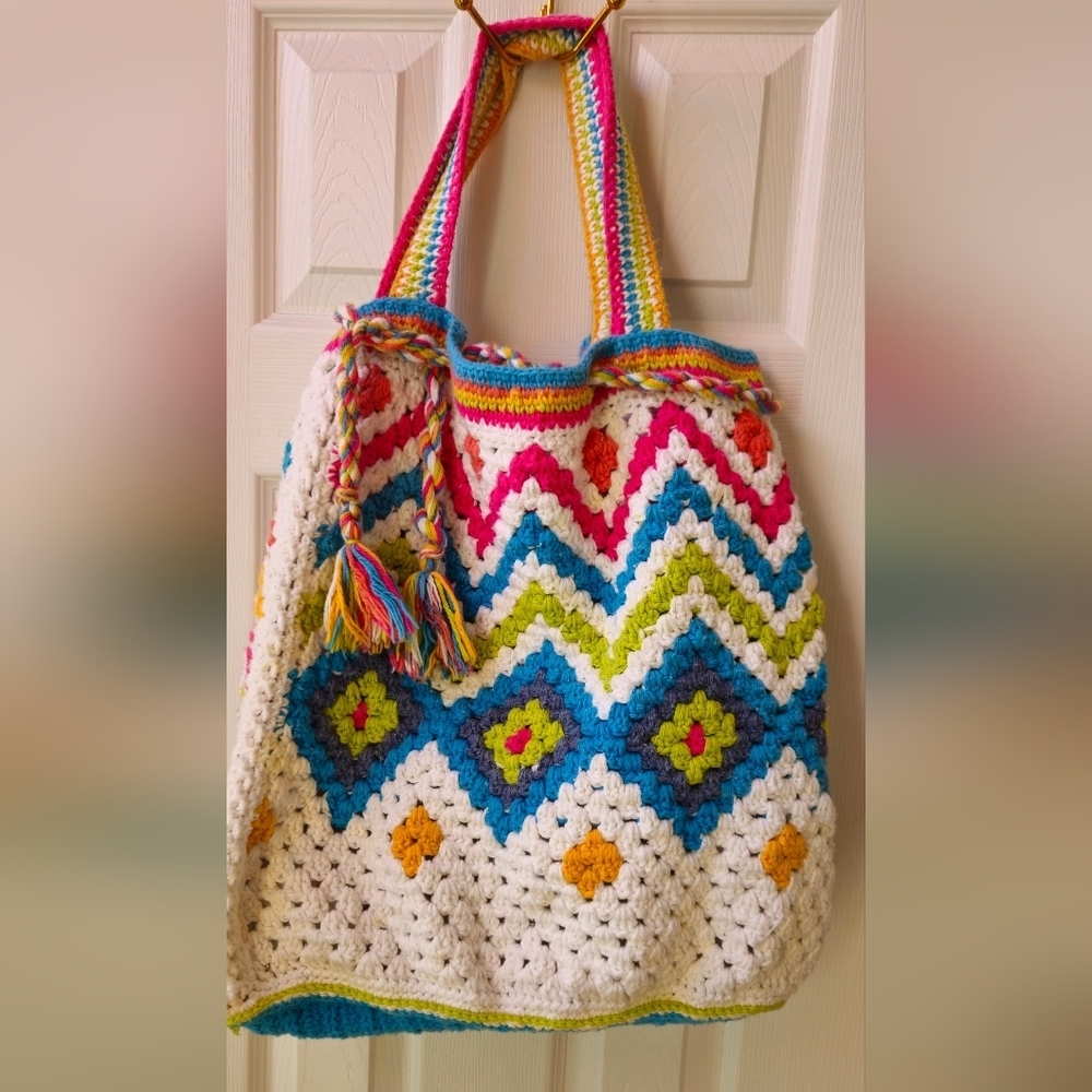 Handcrafted Multicolor Large Crochet Shoulder Bag - White & Bright Accents
